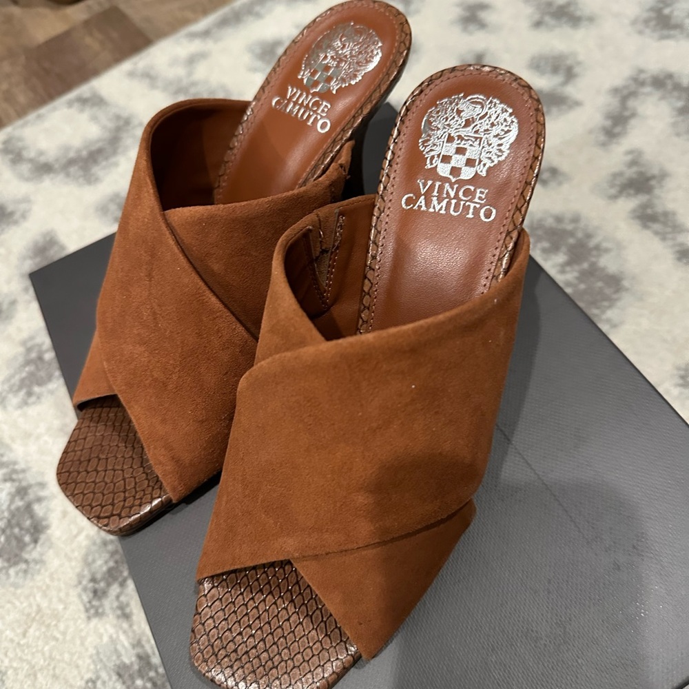 Vince Camuto Brown Heeled Mules with Suede Straps